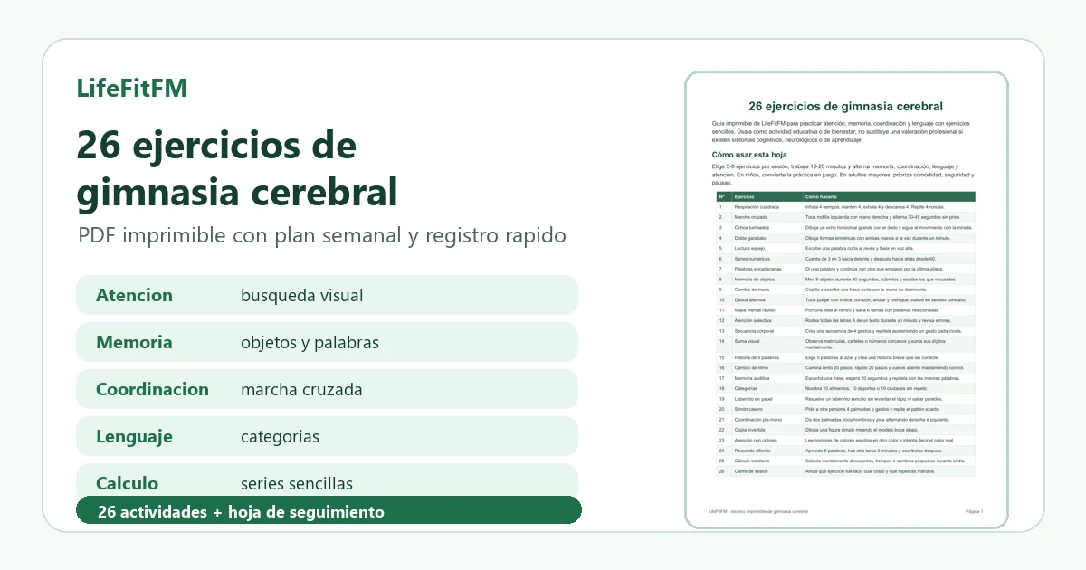 Vista previa del PDF de gimnasia cerebral con actividades, plan semanal y registro